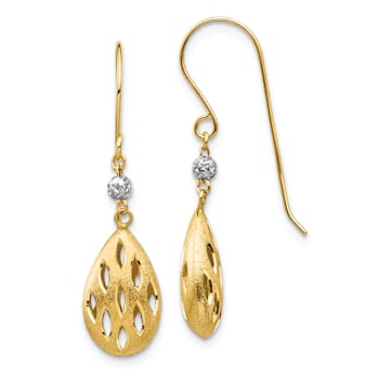 14k Two-tone Diamond-Cut and Brushed Moveable Teardrop Dangle Earrings