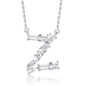 Initial Z Mixed Cut CZ Pendant Necklace In Sterling Silver 18 Inch