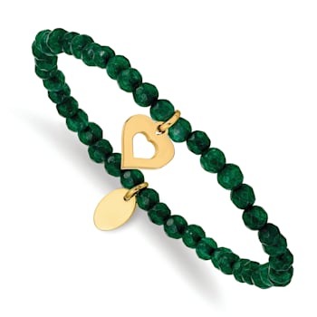 Yellow Stainless Steel Polished Heart Green Jade Stretch Bracelet