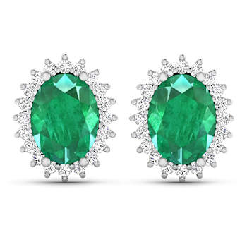 2.0ctw 14K White Gold  Zambian Green Emerald and White Diamond Halo Earrings