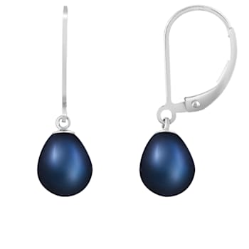 7-8mm Black Cultured Freshwater Pearl Rhodium Over Sterling Silver Earrings