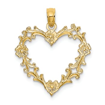 10K Yellow Gold Cut-Out Textured Floral Heart Charm