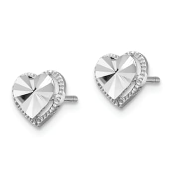 Rhodium Over 14k White Gold Diamond-Cut Heart Stud Earrings
