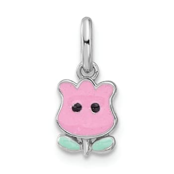 Rhodium Over Sterling Silver Pink and Green Enamel Tulip Children's Pendant