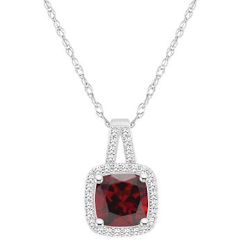 7mm Cushion Garnet 1/6 ctw Diamond Rhodium Over Sterling Silver Halo
Pendant with Chain