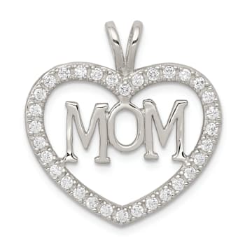 Rhodium Over Sterling Silver Cubic Zirconia Open Heart MOM Pendant