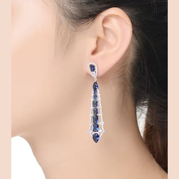 Blue Cubic Zirconia, Rhodium Over Sterling Silver Ladder Style Dangle Earrings