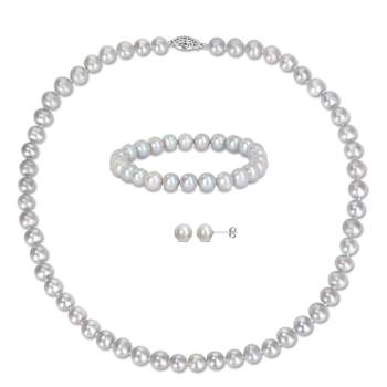 7.5-8mm Grey Freshwater Cultured Pearl Stud Earrings, Strand Bracelet
& Necklace Set