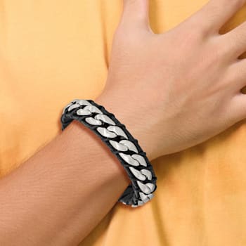 Black Leather and Stainless Steel Brushed Curb Chain 8.5-inch Bracelet