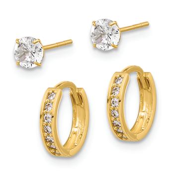 14k Yellow Gold Polished 4mm Cubic Zirconia Stud and 3/8" Hinged
Hoop Earrings Set