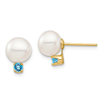 14K Yellow Gold 7-7.5mm White Round Freshwater Cultured Pearl Swiss Blue
Topaz Post Earrings