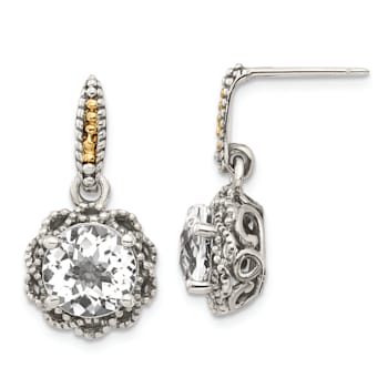 Sterling Silver with 14K Accent Antiqued Polished White Topaz Earrings