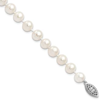 Rhodium Over Sterling Silver 7-8mm White Freshwater Cultured Pearl Bracelet