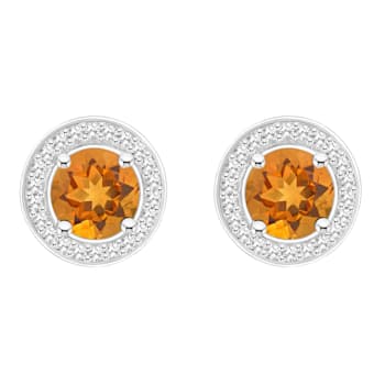 6mm Round Citrine 1/5 ctw Diamond Rhodium Over Sterling Silver Halo Stud Earrings
