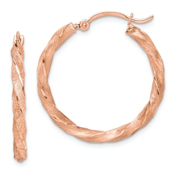 14k Rose Gold Twisted Satin and Diamond-Cut 1 1/16" Hoop Earrings