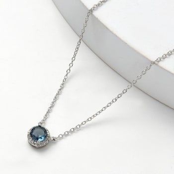 London Blue Topaz with White Topaz Halo Rhodium Over Sterling Silver Necklace