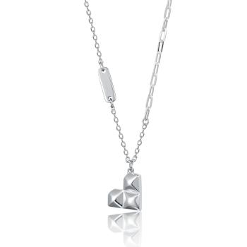 Geometric Heart Pendant Necklace In Rhodium Over Brass