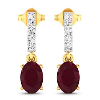 1.70ctw 14K Yellow Gold Red Ruby and White Diamond Halo Earrings