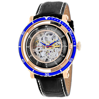 Christian Van Sant Men's Dome White Skeleton Dial, Blue Bezel, Black
Leather Strap Watch