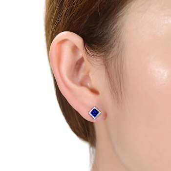 Sapphire Color CZ Square Stud Earrings In White Rhodium Over Brass