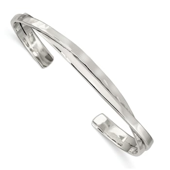 Rhodium Over Sterling Silver Plain 3mm Hammered Bands Cuff Bracelet