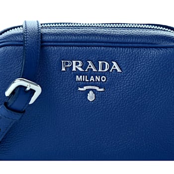 Prada Vitello Phenix Blue Leather Silver Logo Small Camera Crossbody Bag
