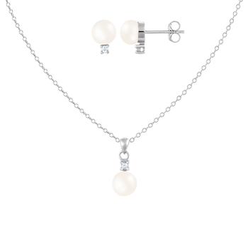 6-7mm Button White Freshwater Pearl and CZ Rhodium Over Sterling Earring
and Pendant W/Chain Set