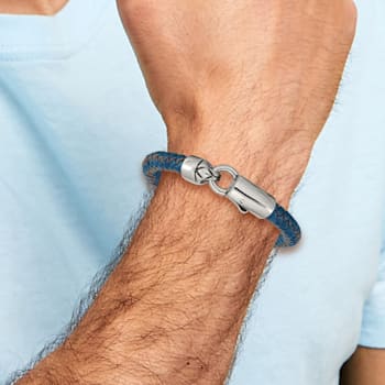 Blue Leather and Stainless Steel Antiqued and Polished 8.25-inch Bracelet