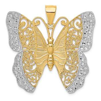14k Yellow Gold and Rhodium Over 14k Yellow Gold Polished Diamond-Cut
Filigree Butterfly Pendant