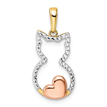14K Yellow Gold with White and Rose Rhodium Diamond-cut Cat Heart Pendant