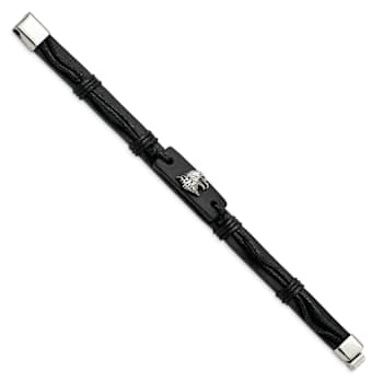 Stainless Steel Antiqued and Polished Eagle Head Black Leather Bracelet