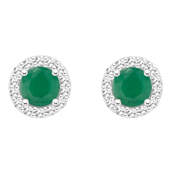 4mm Round Emerald 1/8 ctw Diamond Rhodium Over Sterling Silver Halo Stud Earrings