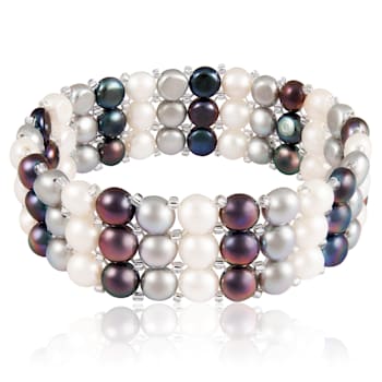 6-7mm Black, Silver, and White Cultured Freshwater Pearl Silver  Bracelet