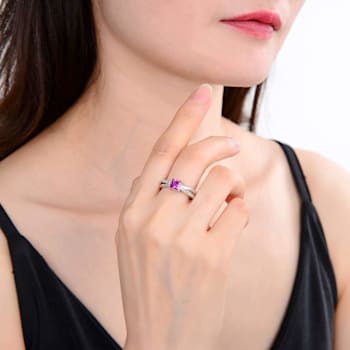Square Lab Created Purple Sapphire and White Topaz Sterling Silver
Crossover Split Shank Ring