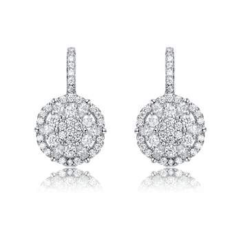 CZ Flower Cluster Halo Drop Earrings In White Rhodium Over Brass