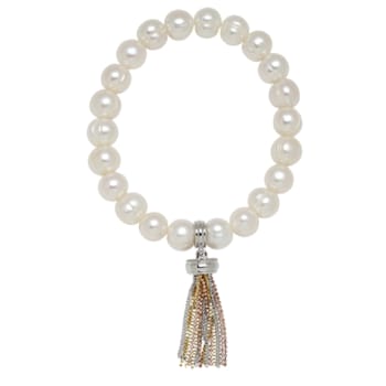 8-9mm Round White Freshwater Pearl Stretch Bracelet with Tri-color
Bronze Tassel Accents