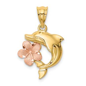 14k Yellow Gold and 14k Rose Gold Brushed, Polished and Diamond-Cut
Plumeria with Dolphin Pendant