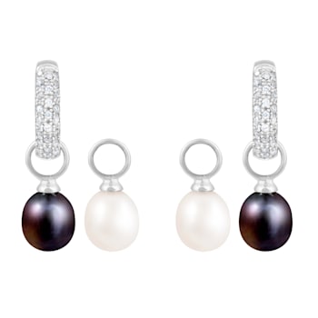 7-8mm White Black Cultured Freshwater Pearl and Cubic Zirconia Rhodium
Over Sterling Silver Earrings