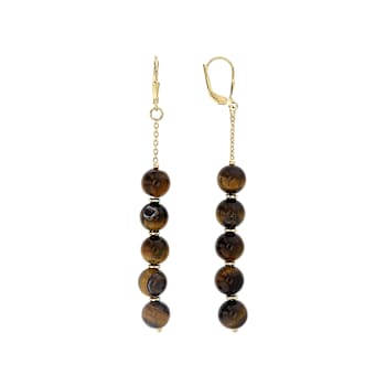 Tiger Eye Round Beaded Dangle Earrings In 18K Gold Over Sterling Silver 7.5-8.5mm