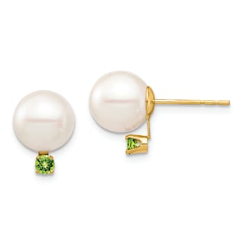 14K Yellow Gold 8-8.5mm White Round Freshwater Cultured Pearl Peridot
Post Earrings