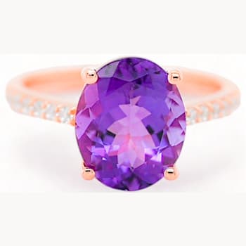 11x9mm Oval Amethyst and White CZ 18K Rose Gold Over Sterling Silver
Ring, 3.11ctw