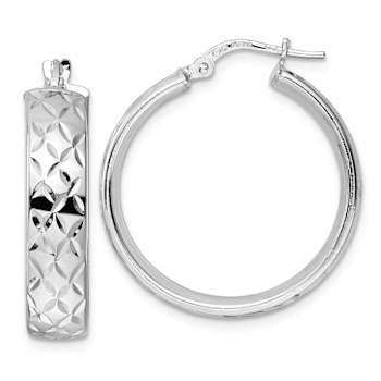 Rhodium Over Sterling Silver 1 1/16" Polished Diamond-Cut Hoop Earrings