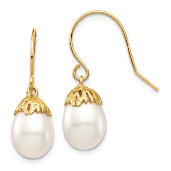 14K Yellow Gold 7-8mm White Rice Freshwater Cultured Pearl Dangle Earrings
