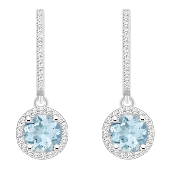 6mm Round Aquamarine 1/3 ctw Diamond Rhodium Over Sterling Silver Halo
Dangle Earrings