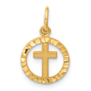 14k Yellow Gold Diamond-Cut and Satin Eternal Life Cross in Circle Pendant
