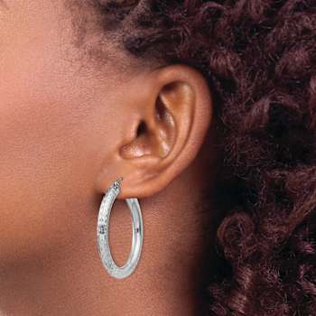 Rhodium Over Sterling Silver 4.00mm Diamond-cut Hoop Earrings