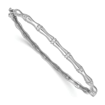 Rhodium Over 14k White Gold 4mm Bamboo Design Diamond Hinged Bangle