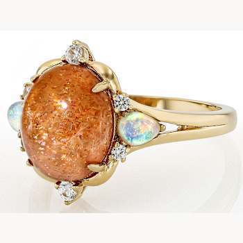 Sunstone, Opal And White Zircon Ring In 18K Gold Over Sterling Silver 0.29ctw