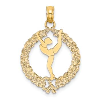 14k Yellow Gold Solid Polished and Textured Framed Gymnast pendant