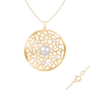 White Cultured Freshwater Pearl and Diamond 14K Yellow Gold Pendant 8-8.5mm
